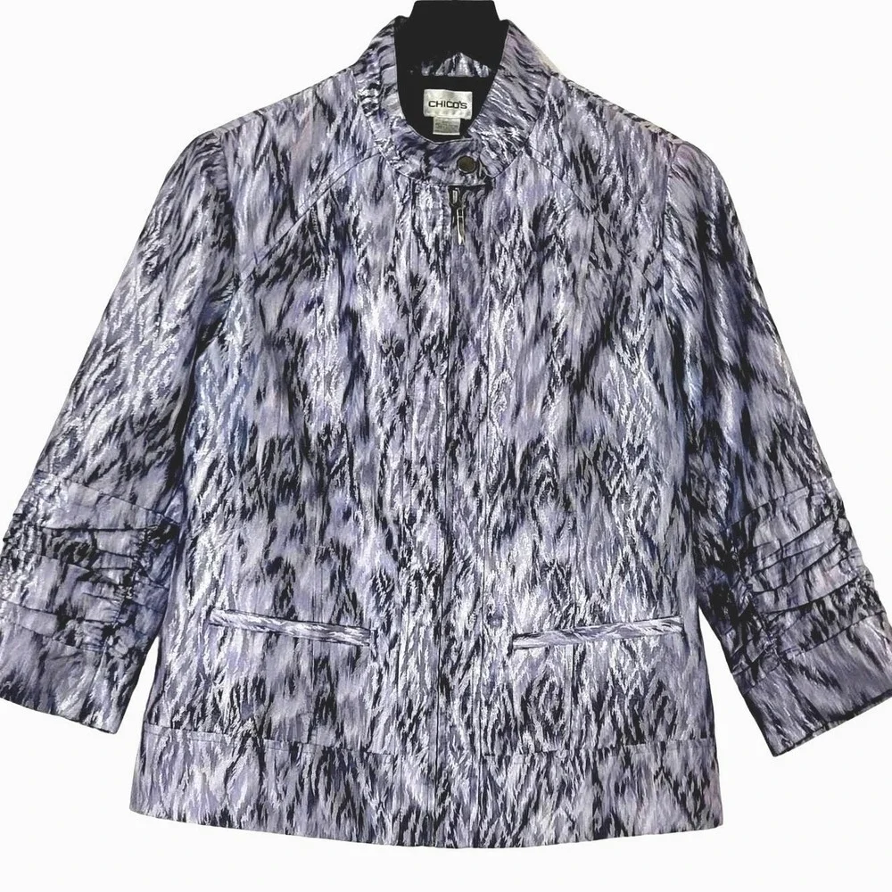 Chicos Jacket Blazer S Lavender Silver Metallic Full Zip Cinched‎ 3/4 Sleeve